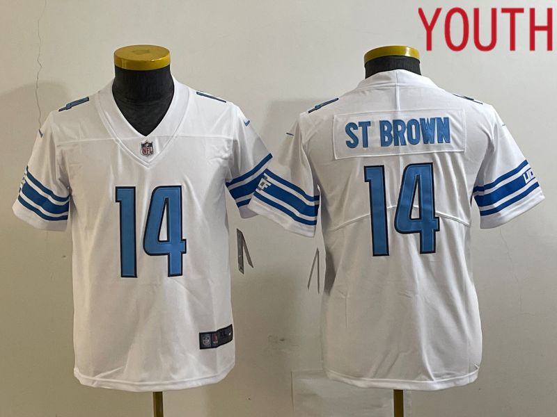 Youth Detroit Lions #14 St Brown White 2023 Nike Vapor Limited NFL Jersey style 1
